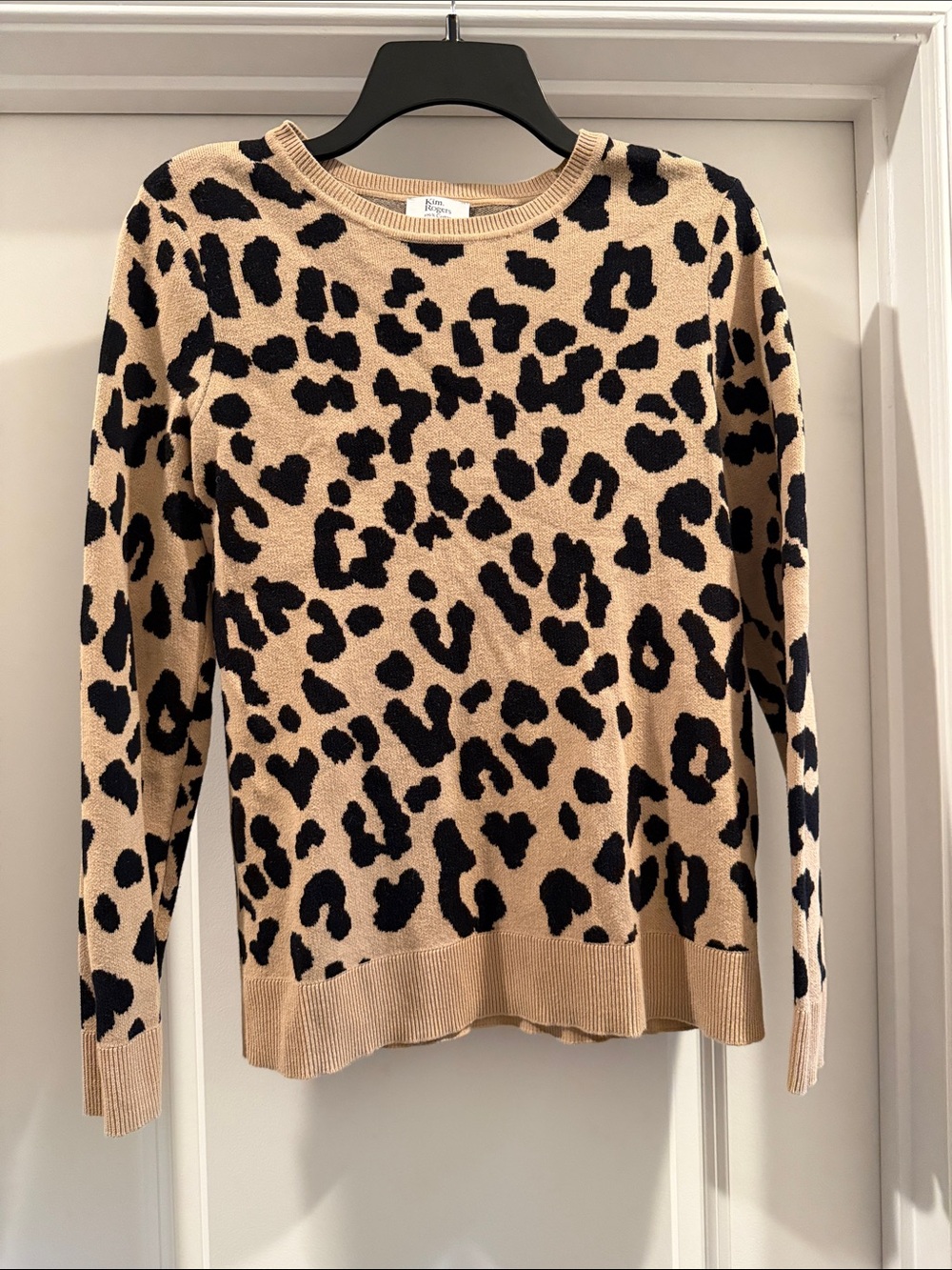 Kim Rogers Leopard Print Crewneck Sweater in Tan and Black